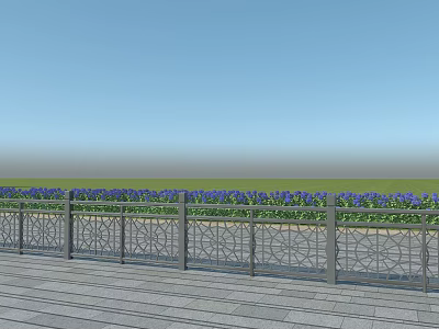 Metal Decorative Fence with Intricate Patterns on Wooden Deck with Green Grass and Blue Sky 3d model