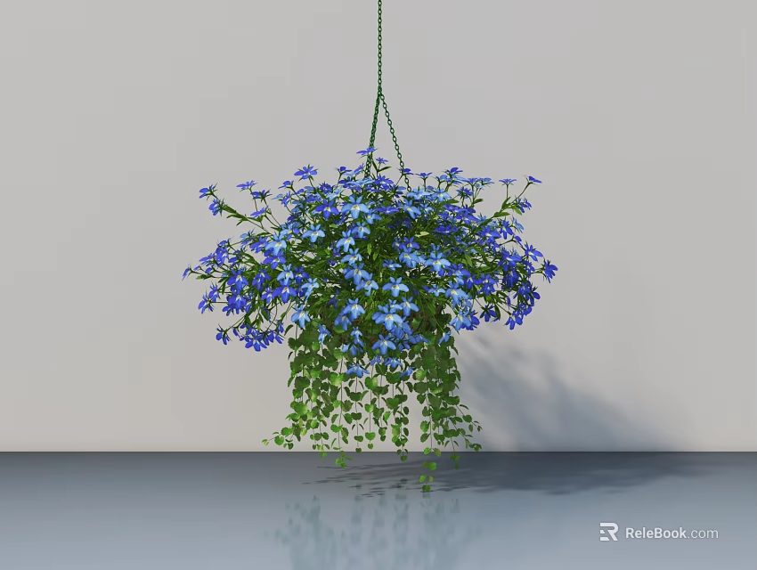 Lush Hanging Basket Plant With Blue Flowers And Trailing Green Leaves Against Light Wall 3d model 