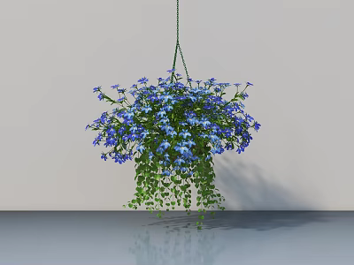 Lush Hanging Basket Plant With Blue Flowers And Trailing Green Leaves Against Light Wall 3d model