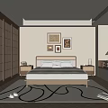 Japanese Style Bedroom Interior With Wooden Bed Frame Nightstands Framed Art And Patterned Rug
