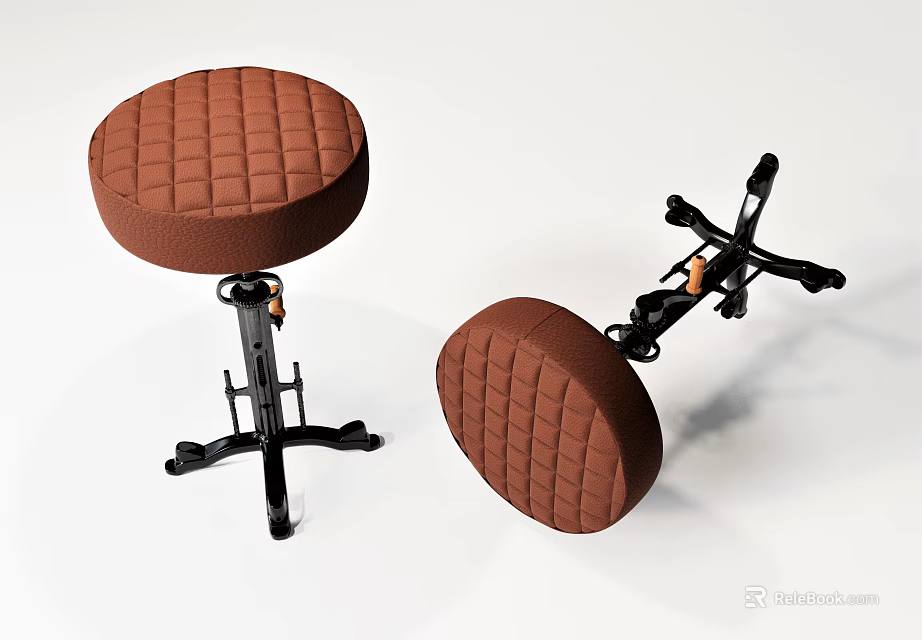 Brown Quilted Stools With Black Metal Cross Base And Comfortable Seats 3d model 