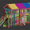 Ancient Two Story Building With Tiled Roof Wooden Pillars Red Decorated Doors Windows And Staircase