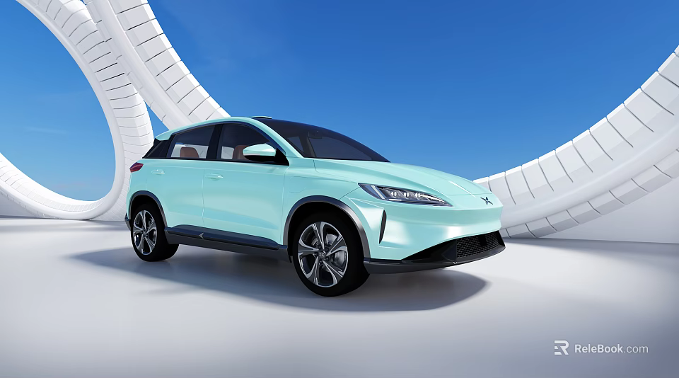 Mint Green SUV Car With Sleek Design In Futuristic Architecture Under Blue Sky 3d model 