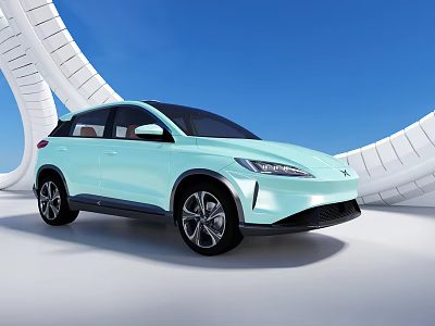Mint Green SUV Car With Sleek Design In Futuristic Architecture Under Blue Sky 3d model