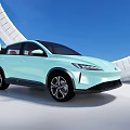 Mint Green SUV Car With Sleek Design In Futuristic Architecture Under Blue Sky