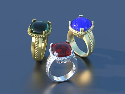 Elegant Colored Gemstone Rings With Green Blue Red Stones In Gold Silver Settings 3d model