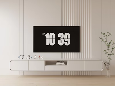Minimalist White TV Stand With Decorative Items TV On Vertical Stripe Wall And Plant 3d model