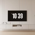 Minimalist White TV Stand With Decorative Items TV On Vertical Stripe Wall And Plant