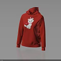 Cute Red Hoodie With White Cartoon Cat And Heart Pattern For Daily Wear