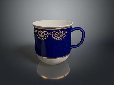 Elegant Blue Ceramic Mug With Gold Trim And Floral Pattern Design 3d model