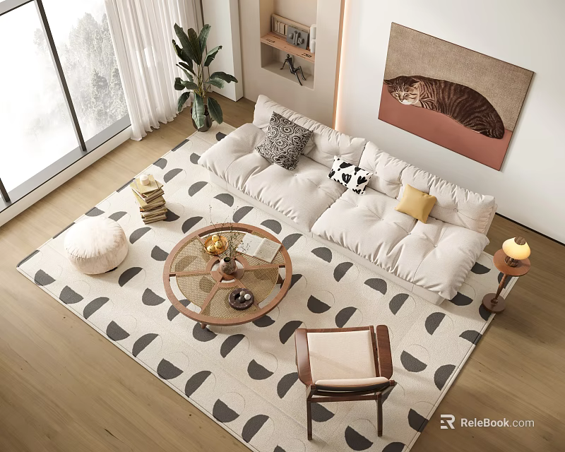 Plush Sofa And Coffee Table Set With Patterned Rug Pillows Tiger Wall Art And Indoor Plant 3d model 