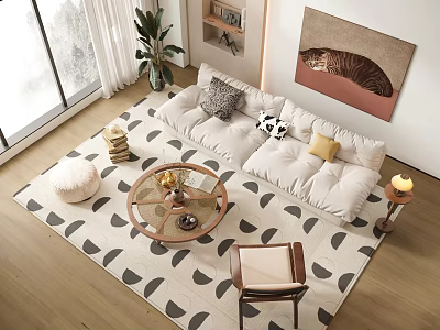 Plush Sofa And Coffee Table Set With Patterned Rug Pillows Tiger Wall Art And Indoor Plant 3d model