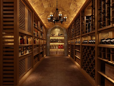 Elegant Wine Cellar Interior With Wooden Racks Chandelier And Wine Bottles 3d model