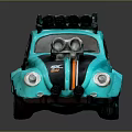 Turquoise Classic Beetle Car With Roof Rack Front Turbo And Striped Exterior Design