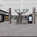 Modern Shopping Mall Interior With Marble Columns Glass Ceiling Escalator And Tables Chairs