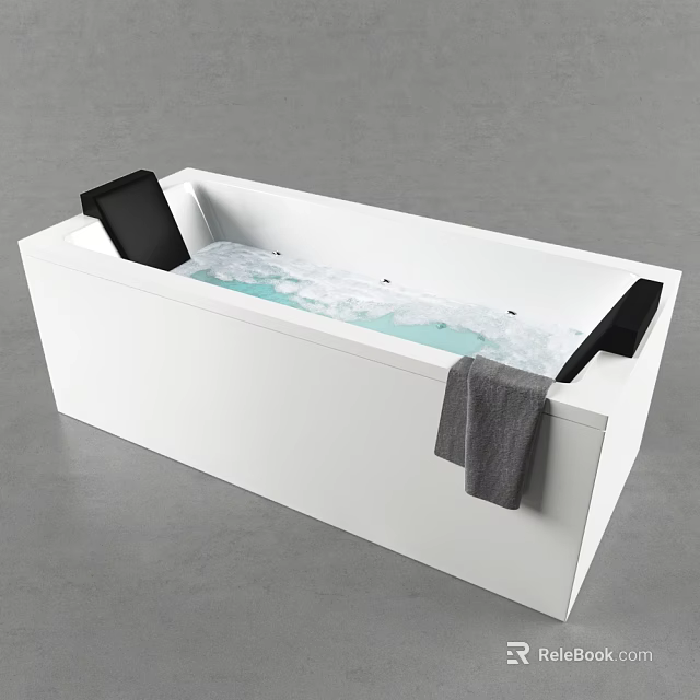 White Rectangular Bathtub With Light Blue Marbled Water Black Cushions And Grey Towel 3d model 