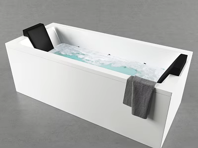 White Rectangular Bathtub With Light Blue Marbled Water Black Cushions And Grey Towel 3d model