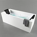 White Rectangular Bathtub With Light Blue Marbled Water Black Cushions And Grey Towel