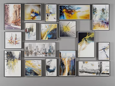Various Abstract Paintings Hanging On Wall With Different Styles And Colors 3d model