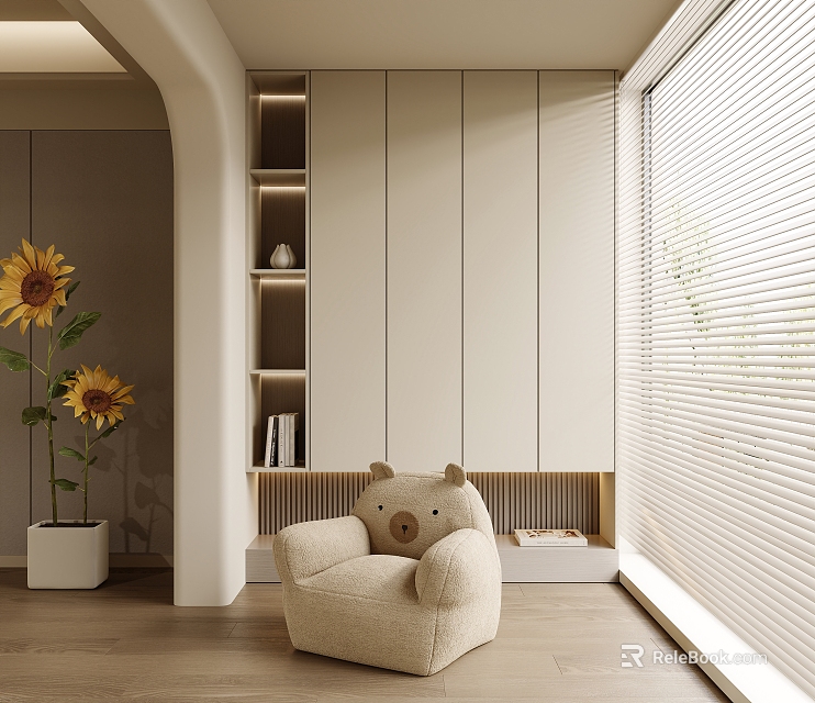 Cozy Home Balcony with Teddy Bear Shaped Chair Sunflowers Window Blinds and Wooden Floor 3d model 