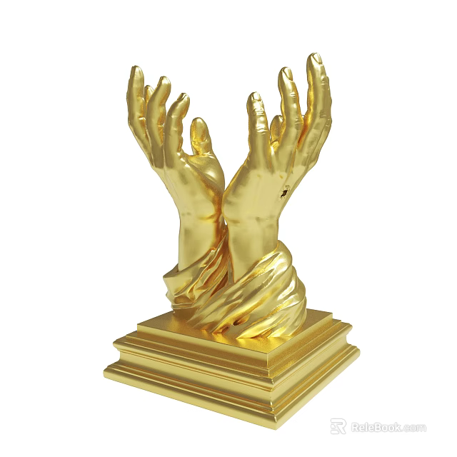 Golden Decorative Hands Sculpture With Square Base And Artistic Design 3d model 