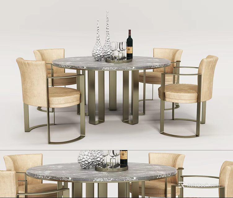 Modern Round Marble Top Dining Table Set With Beige Upholstered Chairs And Metal Frame 3d model 