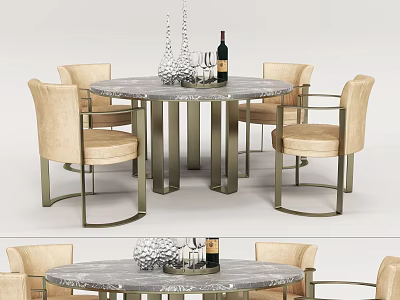 Modern Round Marble Top Dining Table Set With Beige Upholstered Chairs And Metal Frame 3d model