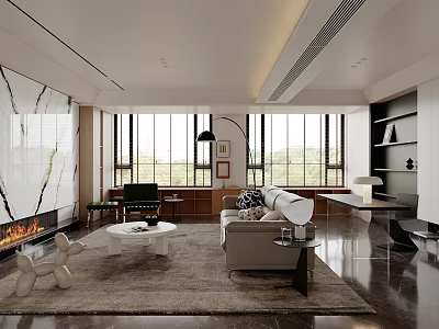 Modern Bright Elegant Living Room With Marble Wall Fireplace And Large Floor To Ceiling Windows 3d model