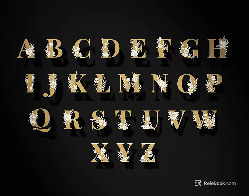 Golden Decorative English Letters With Ornate Feather Details On Black Background 3d model 