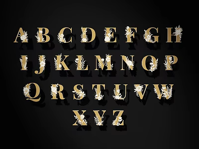 Golden Decorative English Letters With Ornate Feather Details On Black Background 3d model