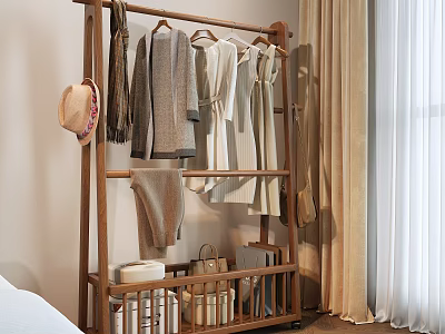 Wooden Clothes Rack With Hanging Coats Dresses Hat And Storage Boxes In Bedroom 3d model