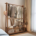 Wooden Clothes Rack With Hanging Coats Dresses Hat And Storage Boxes In Bedroom