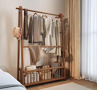 Wooden Clothes Rack With Hanging Coats Dresses Hat And Storage Boxes In Bedroom 3d model