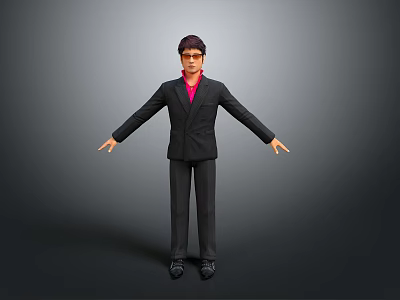 Man in Black Suit and Pink Shirt with Arms Outstretched Against Gray Background 3d model