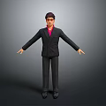 Man in Black Suit and Pink Shirt with Arms Outstretched Against Gray Background