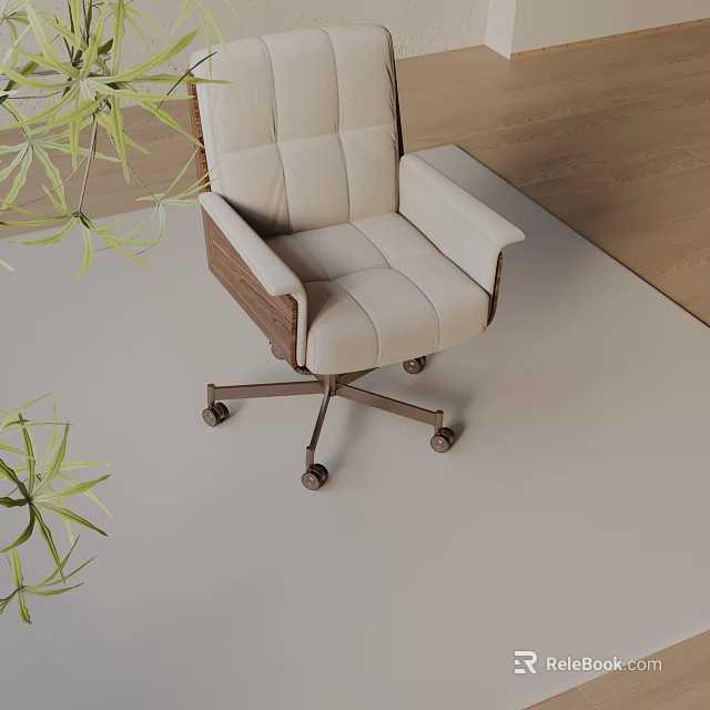 Modern Light Colored Leather Office Chair With Wooden Armrests And Wheeled Base 3d model 