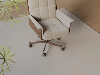 Modern Light Colored Leather Office Chair With Wooden Armrests And Wheeled Base 3d model