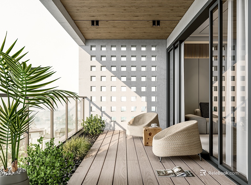 Modern Home Balcony With Wooden Deck Rattan Furniture Green Plants And Glass Railing 3d model 