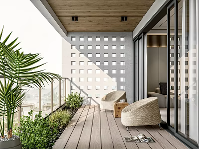 Modern Home Balcony With Wooden Deck Rattan Furniture Green Plants And Glass Railing 3d model
