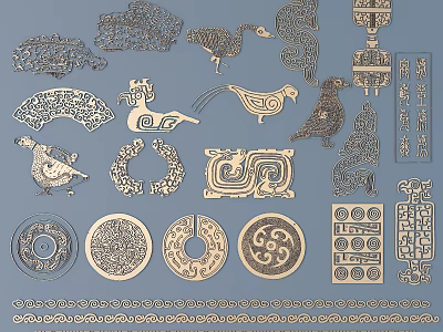 Traditional Decorative Carvings with Animal Shapes Fan Shaped Patterns and Geometric Ornaments 3d model