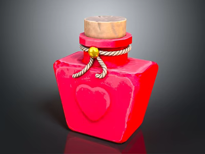 Red Square Medical Device Bottle With Wooden Stopper Rope And Heart Pattern 3d model