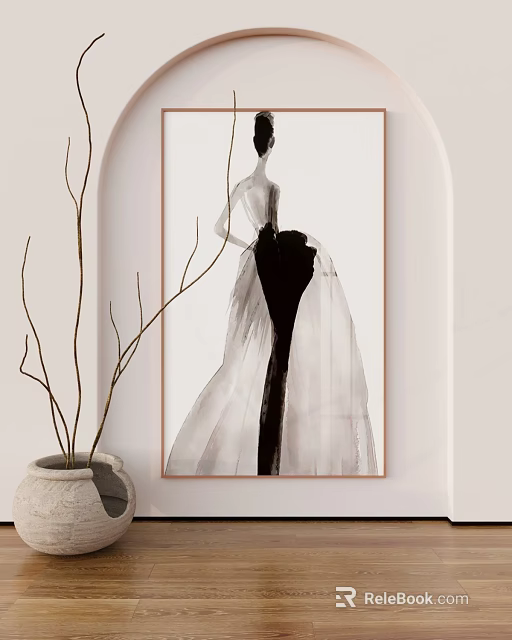 Elegant Black And White Female Figure Painting With Long Dress In Framed Art For Interior Decor 3d model 