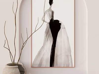 Elegant Black And White Female Figure Painting With Long Dress In Framed Art For Interior Decor 3d model