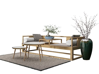 Minimalist Wooden Daybed with Pillows Nested Side Tables and Green Vase on Gray Rug 3d model