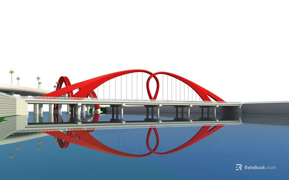 Red Symmetrical Arch Bridge With Scenic Water Reflection And Modern Design 3d model