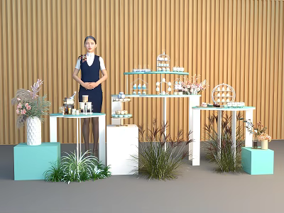 Decorative Ornament Set Display With Pastel Stands Flower Bouquets And Greenery 3d model