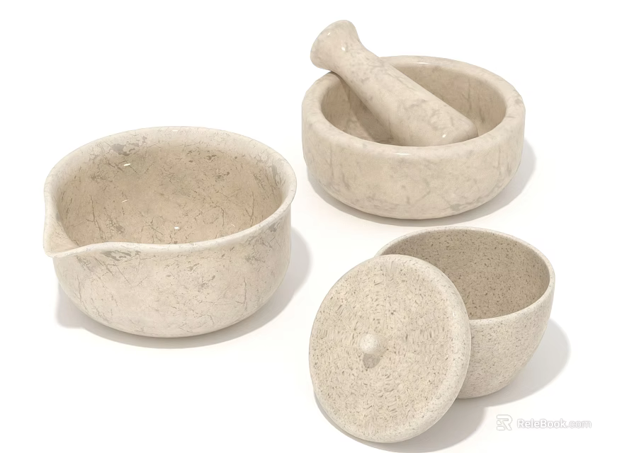Natural Stone Household Items Including Mortar Pestle And Covered Bowl 3d model 