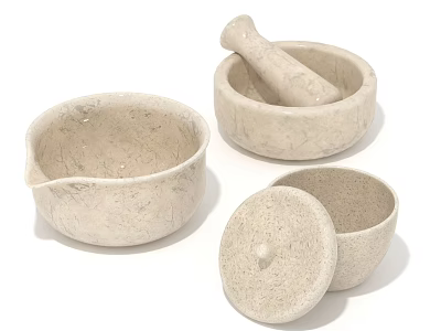 Natural Stone Household Items Including Mortar Pestle And Covered Bowl 3d model