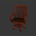 Single Wooden Armchair With Vertical Slats Back Leather Seat And Swivel Wheels