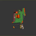 Green and Red Helicopter with Rotors Carrying Carrot Basket and Small Rabbit